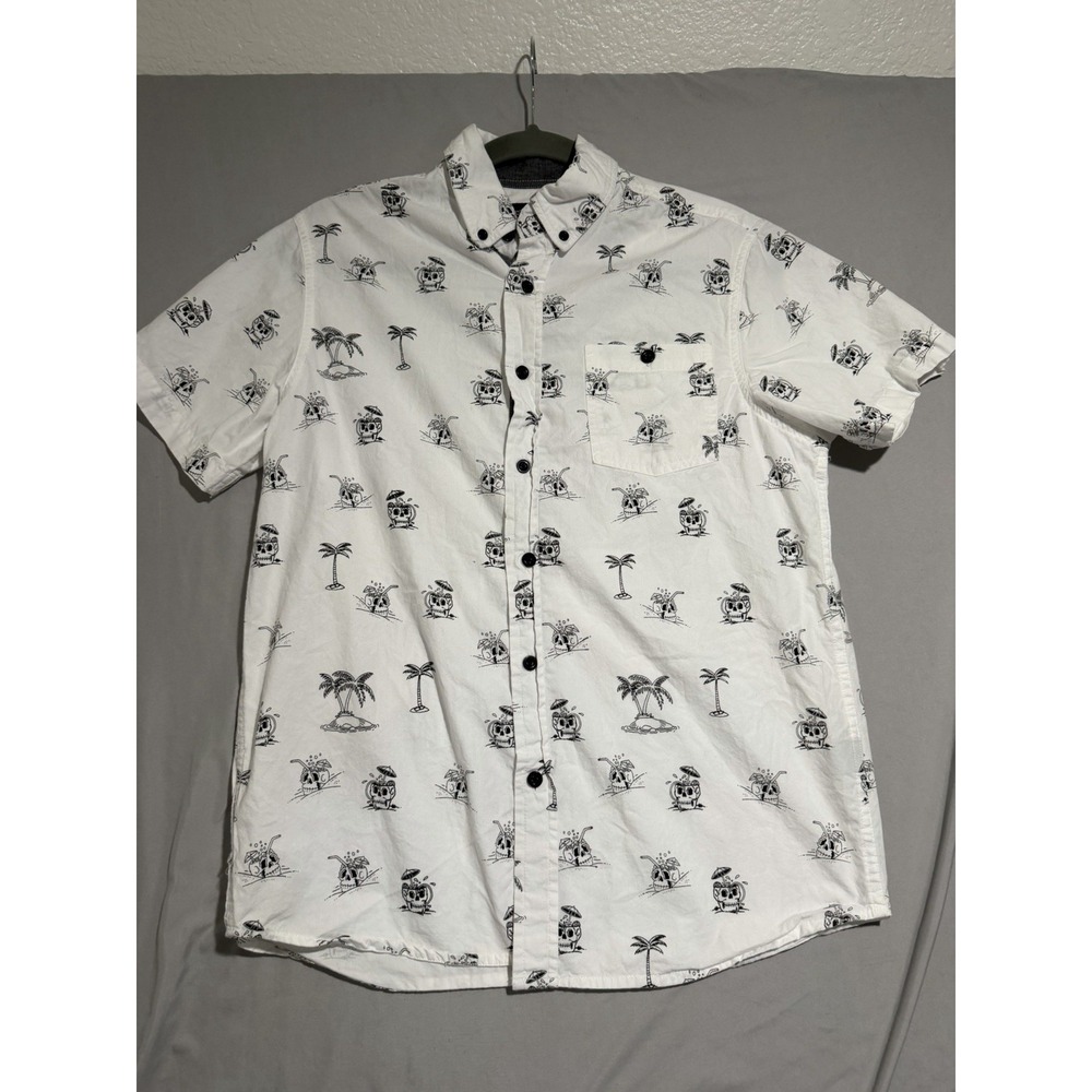 Eighty Eight brand white ss button up dress‎ shirt, skull beach aop, men's small